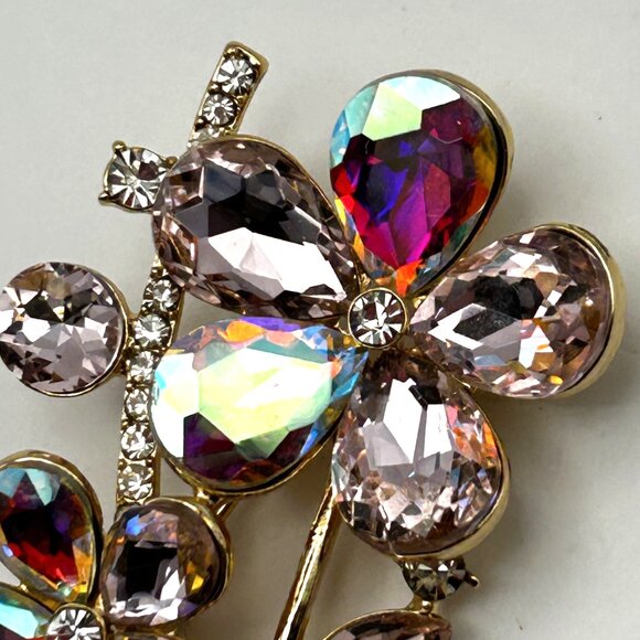 Vintage Monet Floral Brooch Pink Aurora Borealis Rhinestone Gold Tone Pin 2.25” - Picture 9 of 13